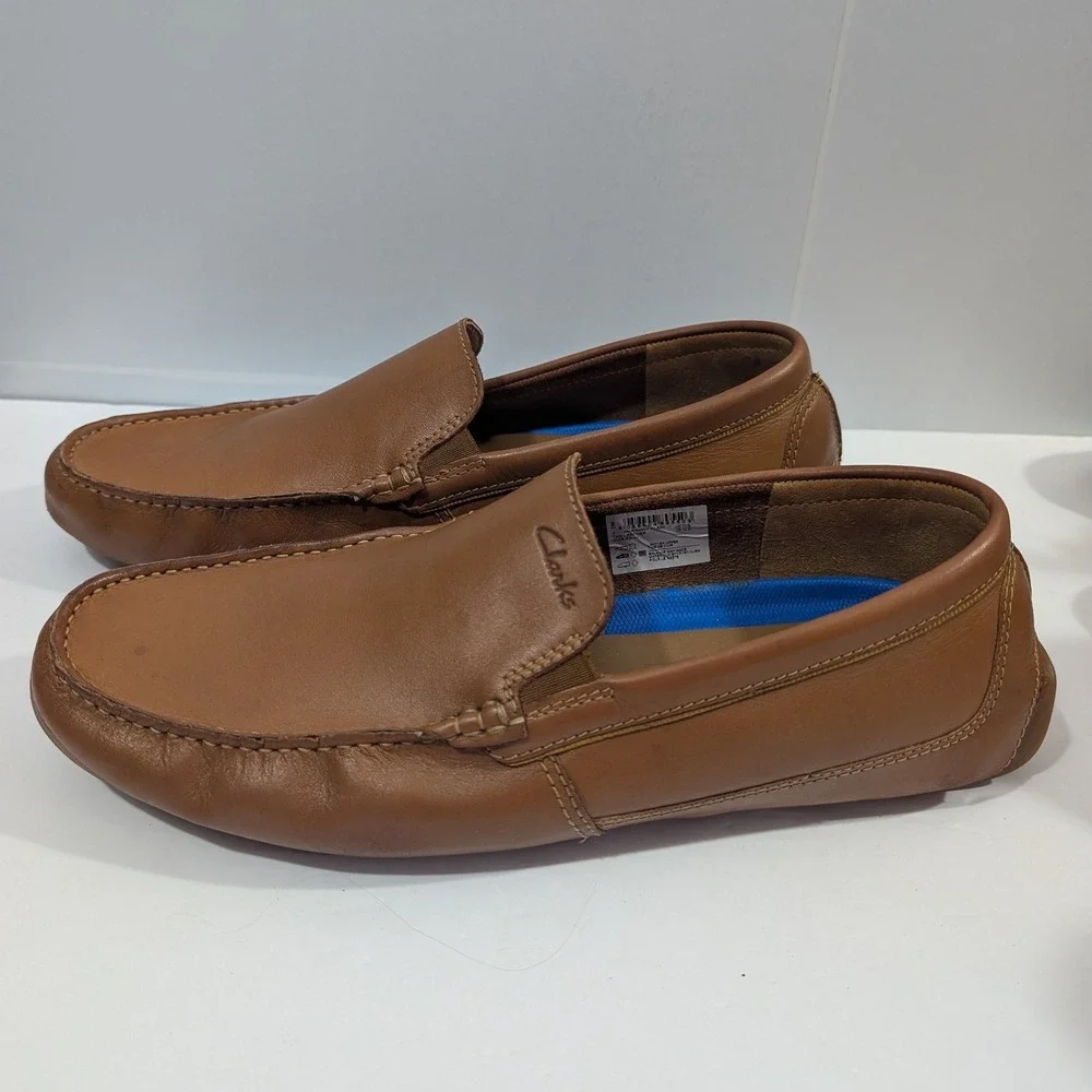 Clarks Markman Plain Tan Leather Driving Loafers Mens 12 M Slip On Shoes Work